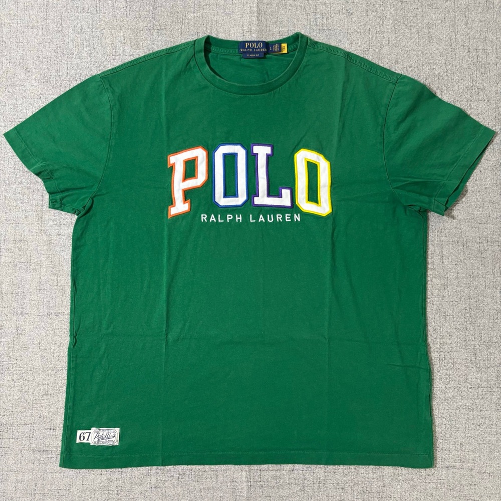 Polo Ralph Lauren Tshirt Men Large Classic Fit Green Graphic Stitched Rainbow